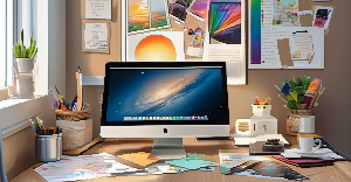 A bright and inviting workspace with a vision board filled with vibrant images and quotes, a laptop, and a coffee cup on a desk.