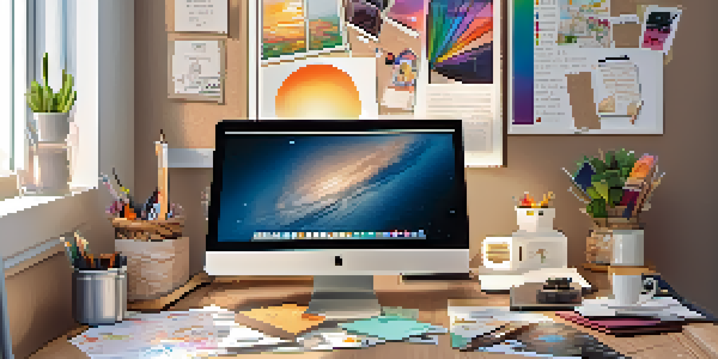 A bright and inviting workspace with a vision board filled with vibrant images and quotes, a laptop, and a coffee cup on a desk.