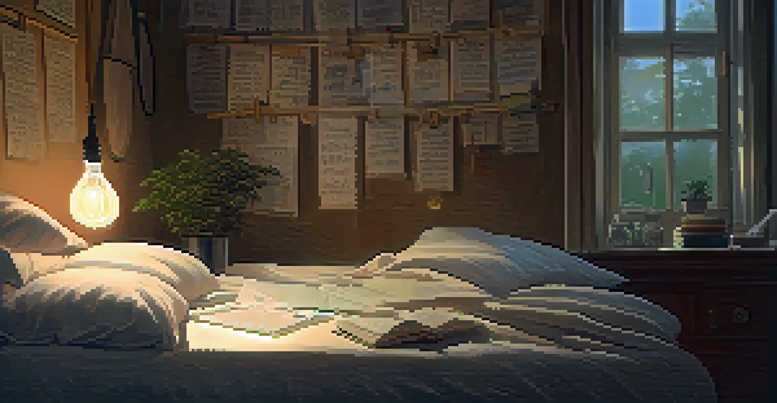 A person writing in a dream journal while lying in bed, with a warm lamp and dreamcatchers in the background.