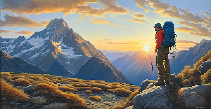 A mountain climber examining their route at sunrise, surrounded by rocky terrain and majestic mountains in the background.