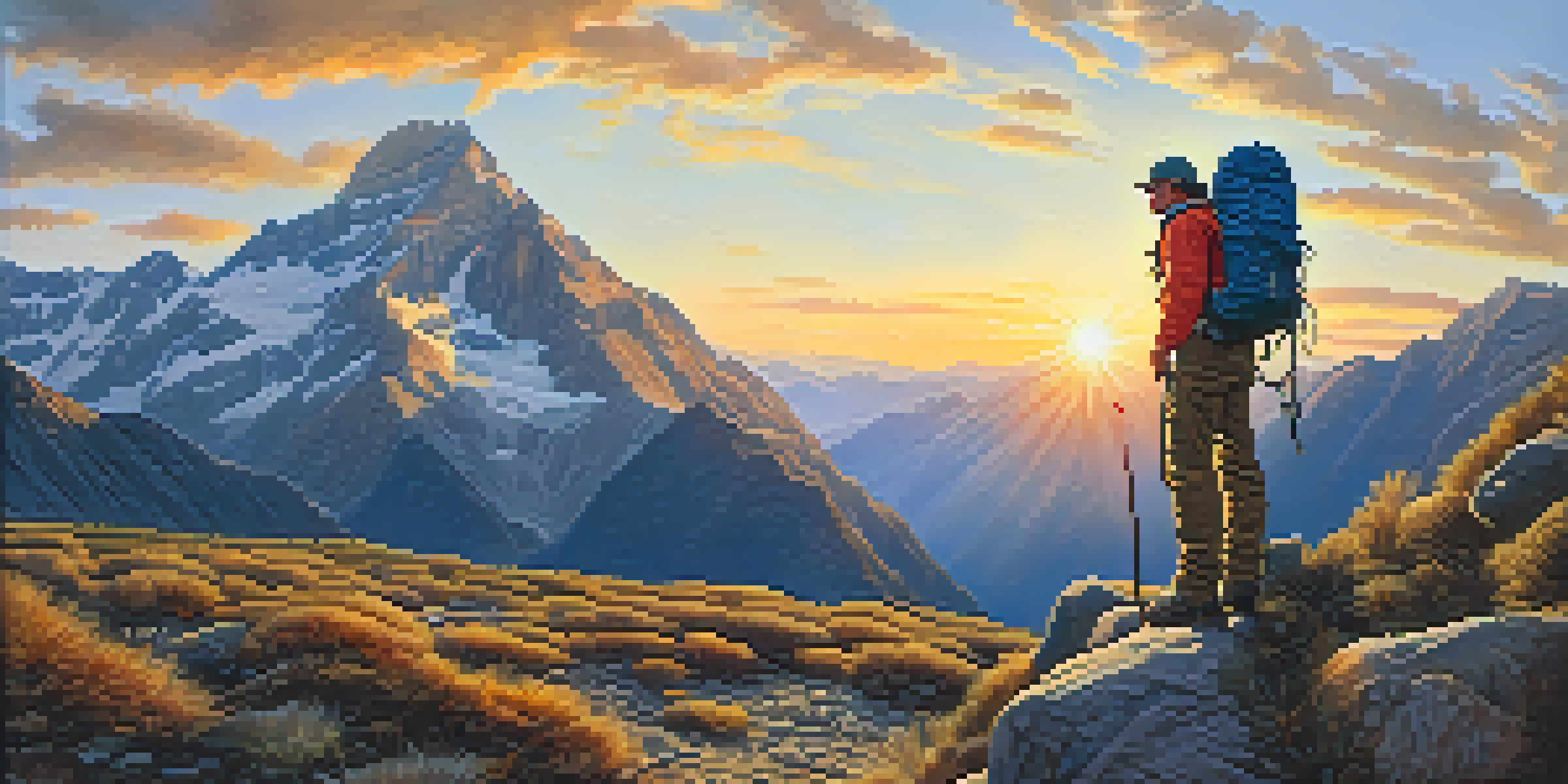 A mountain climber examining their route at sunrise, surrounded by rocky terrain and majestic mountains in the background.