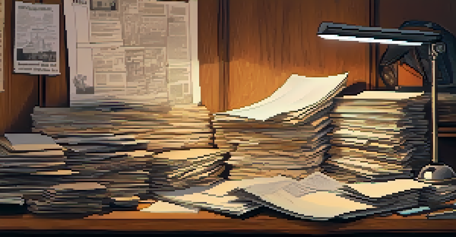 A hand sorting papers on a cluttered desk, with a motivational poster and warm desk lamp in the background.