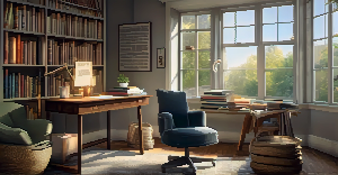 A warm and inviting study space with a desk full of books and a laptop, illuminated by natural light from a large window.