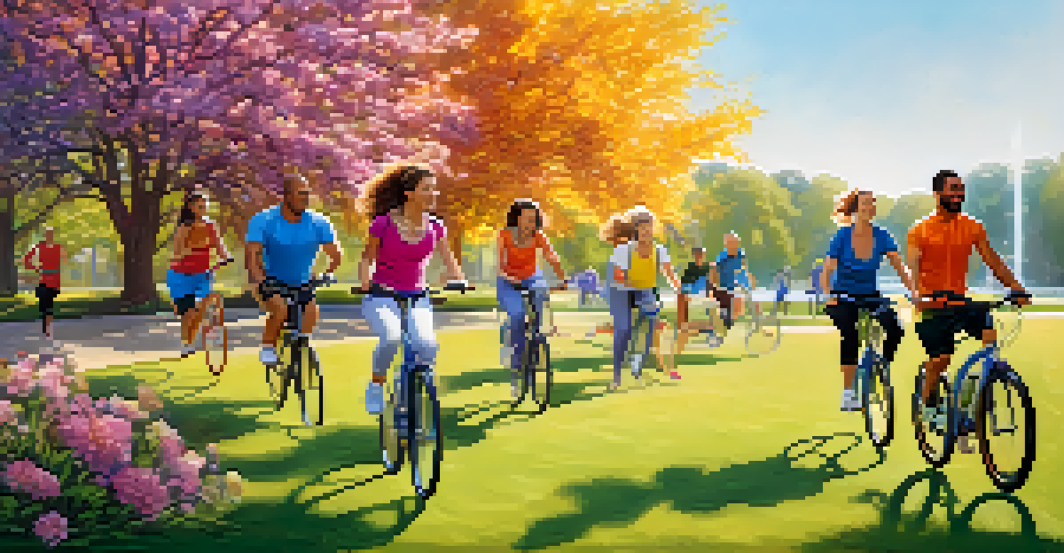 A lively park with diverse people exercising, including jogging, yoga, and cycling under the sun.