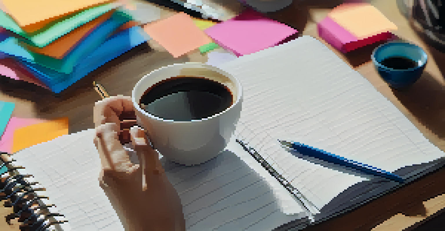 Hands writing in a notepad surrounded by sticky notes and a coffee cup.