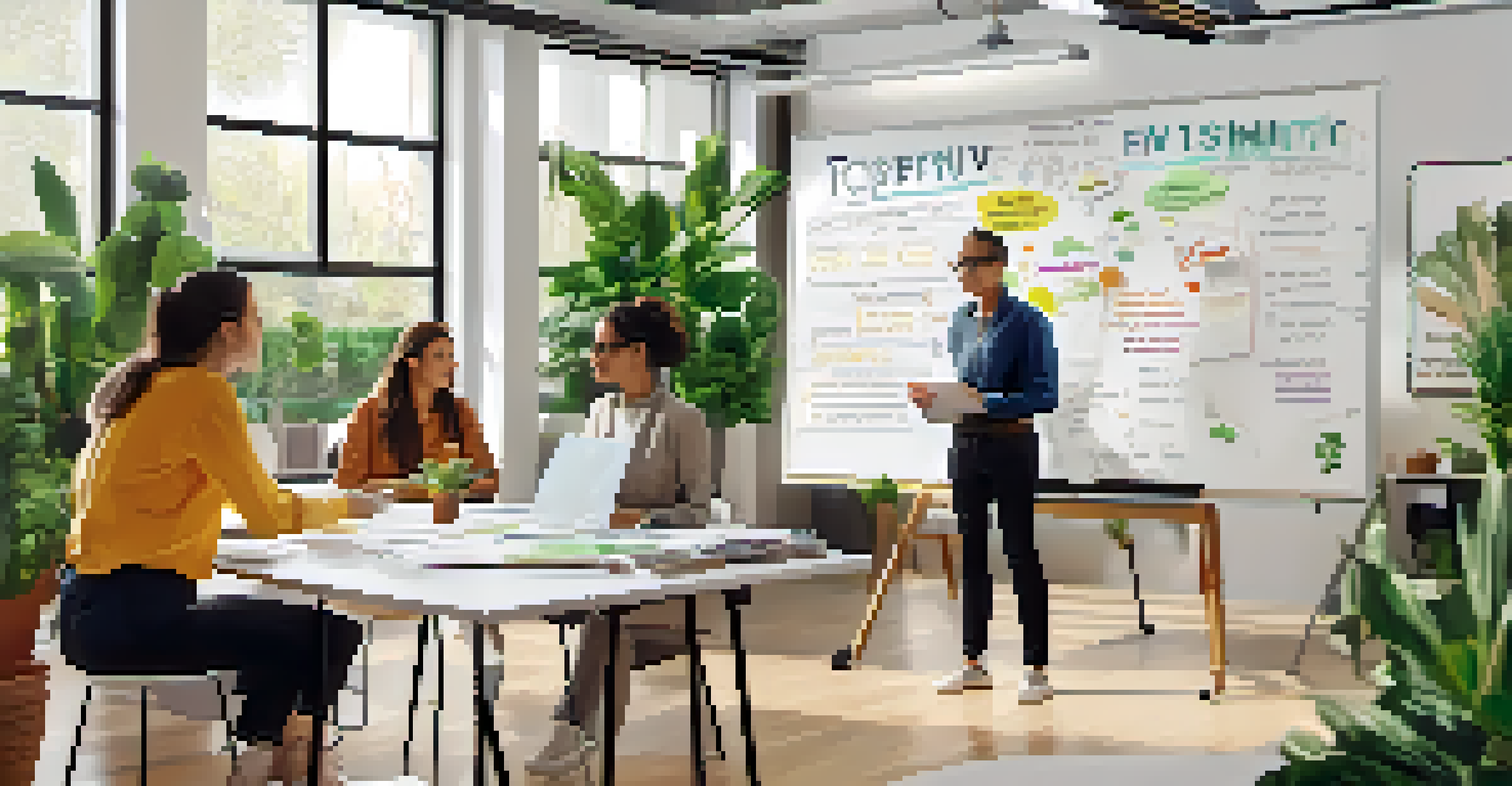 A team discussing a colorful vision statement on a whiteboard in a bright and modern office space.