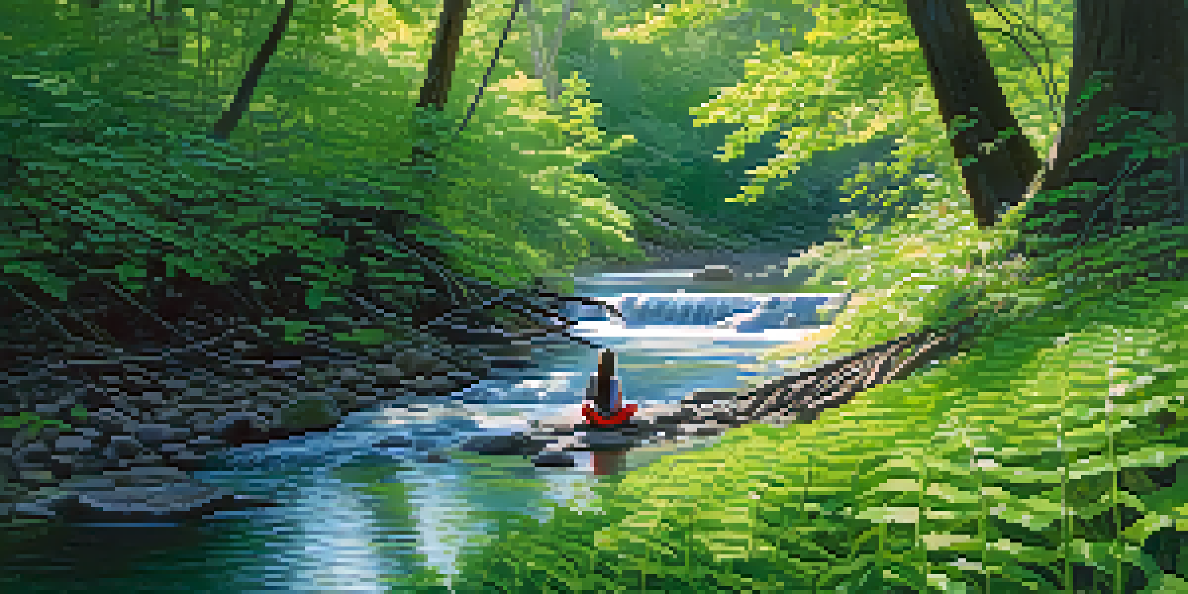 A serene image of a person seated in meditation by a stream in a forest, with sunlight filtering through the trees and colorful wildflowers surrounding them.