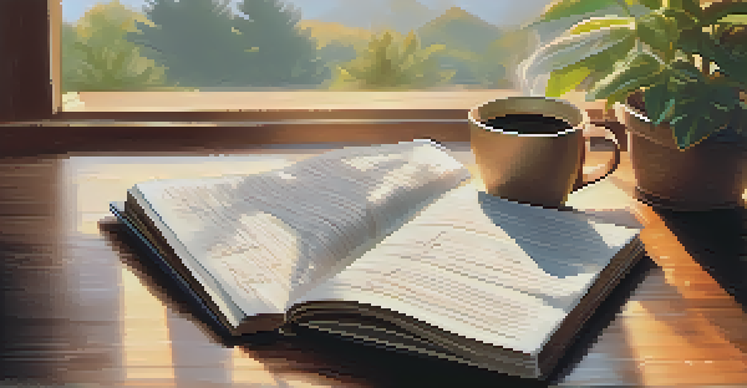 A hand writing in an open notebook filled with gratitude entries on a wooden table, with a cup of coffee and a potted plant nearby.