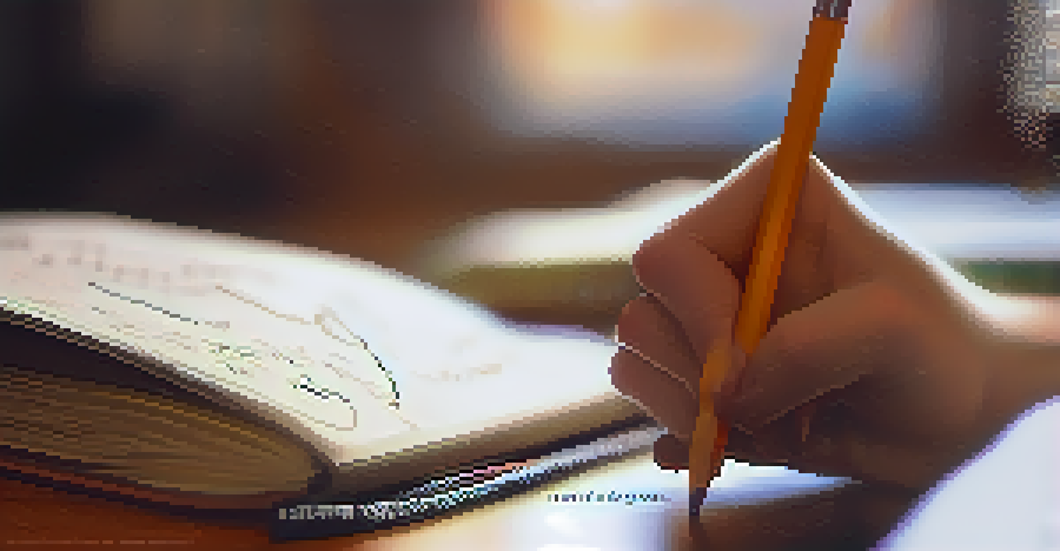 A hand holding a pencil above a notebook with written goals.