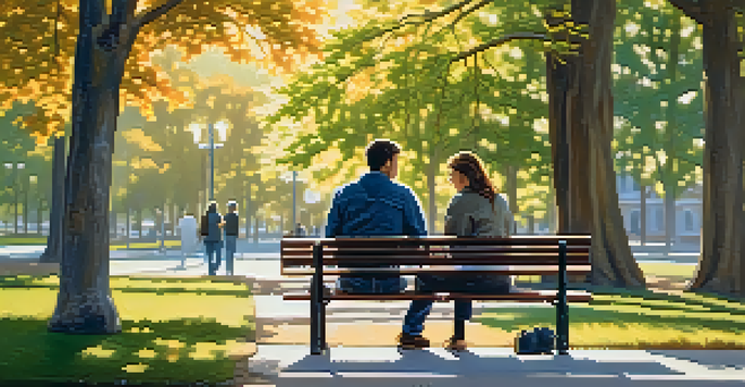 Two individuals sitting on a park bench having a thoughtful conversation, with one listening attentively and the other expressing their feelings, surrounded by trees and sunlight.