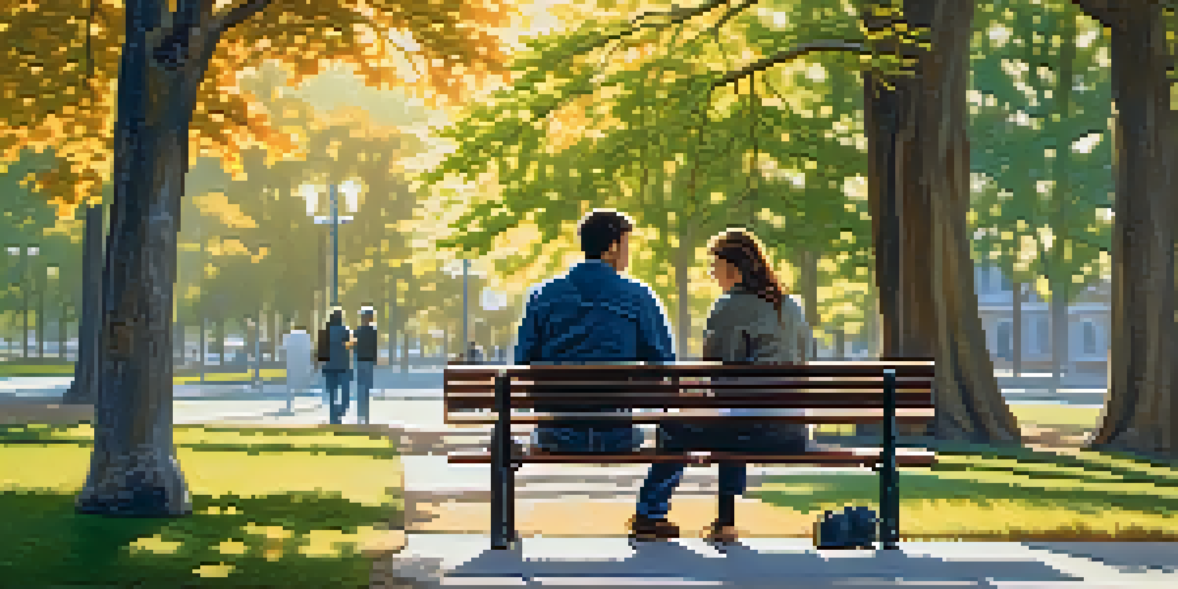 Two individuals sitting on a park bench having a thoughtful conversation, with one listening attentively and the other expressing their feelings, surrounded by trees and sunlight.