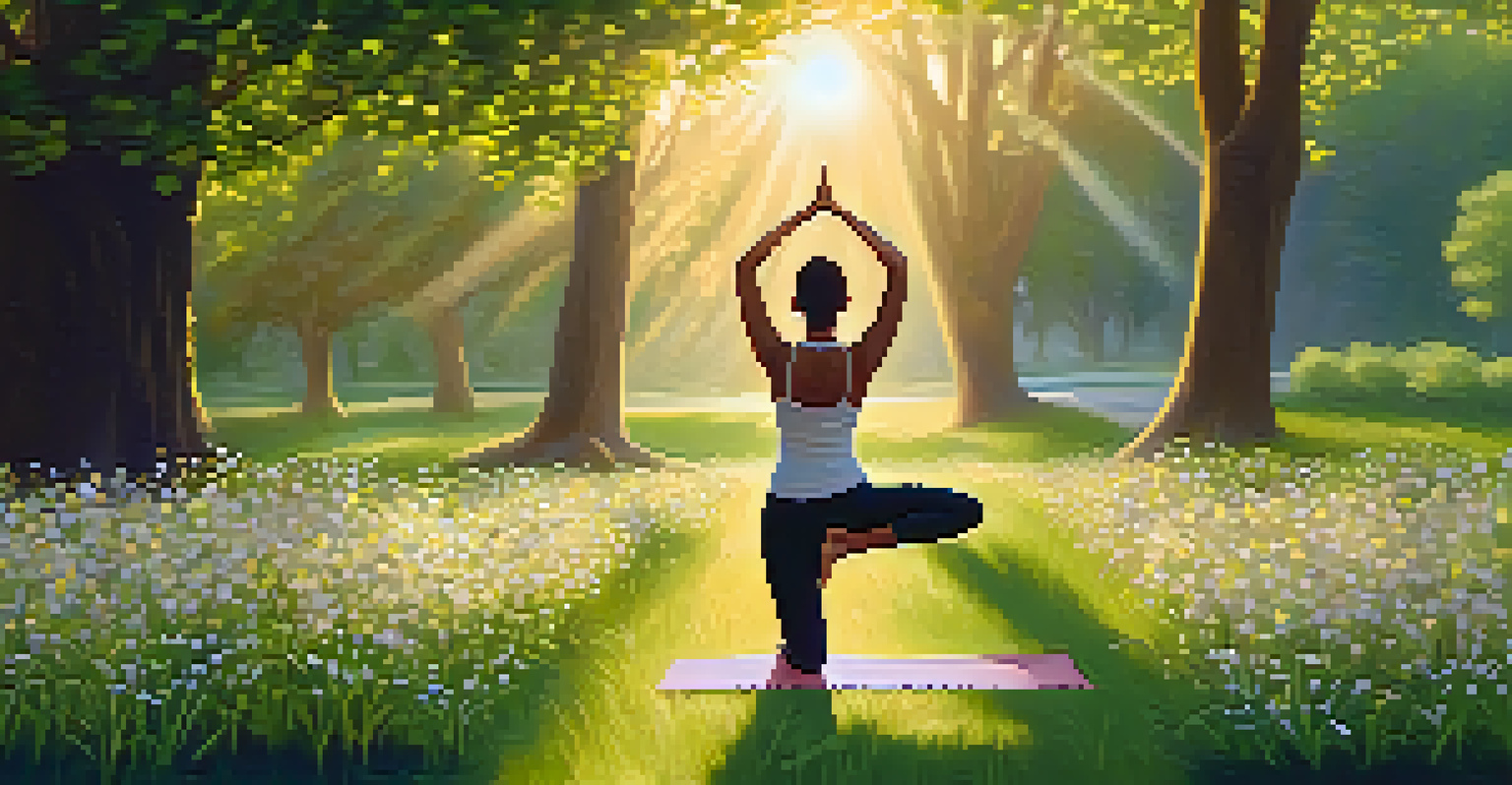 A person doing yoga in a park with flowers and trees during sunset.