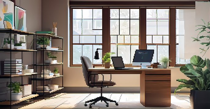 A well-organized home office featuring a wooden desk with a laptop showing a budgeting spreadsheet, colorful stationery, and a potted plant, bathed in soft natural light.