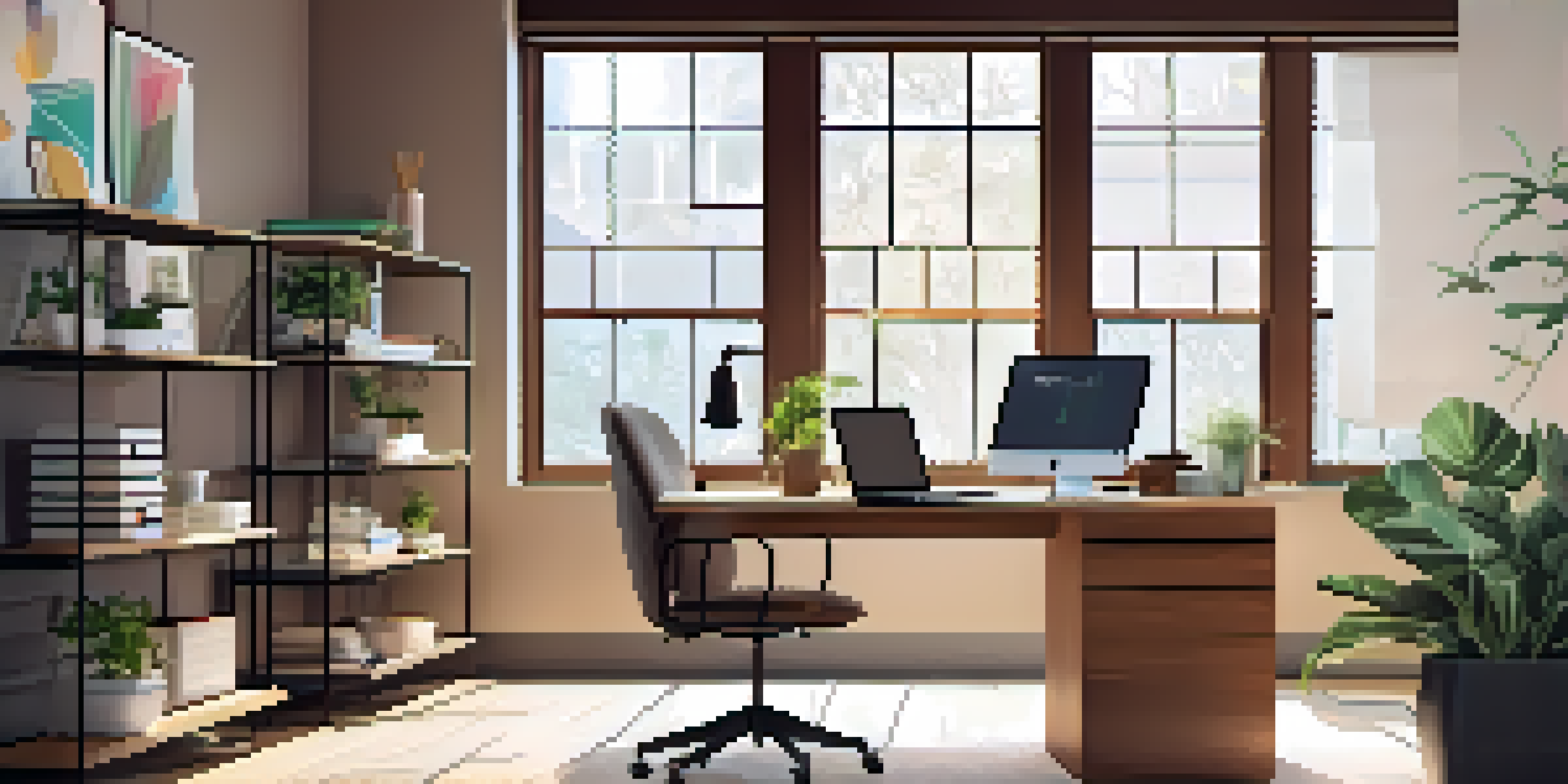 A well-organized home office featuring a wooden desk with a laptop showing a budgeting spreadsheet, colorful stationery, and a potted plant, bathed in soft natural light.