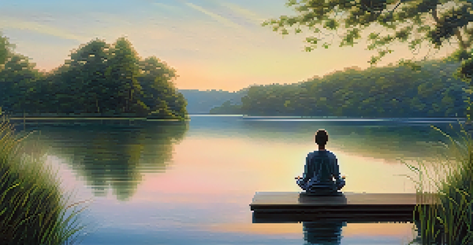 A person meditating on a dock at sunrise, with reflections on the calm lake and greenery around.