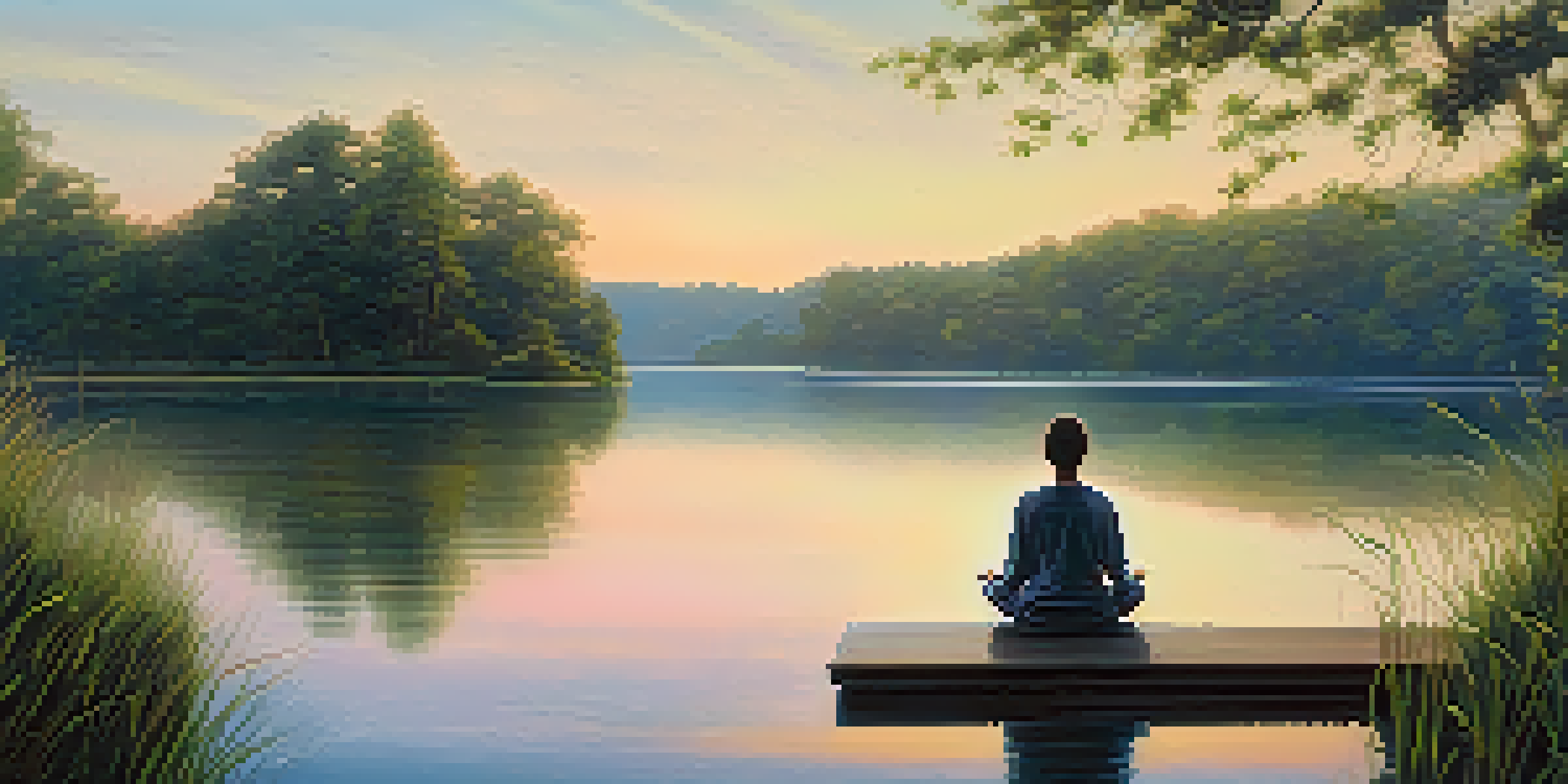 A person meditating on a dock at sunrise, with reflections on the calm lake and greenery around.