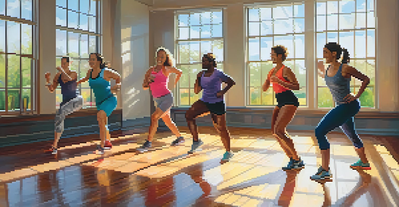 A group of friends enjoying a dance fitness class in a brightly lit room, encouraging each other while exercising.