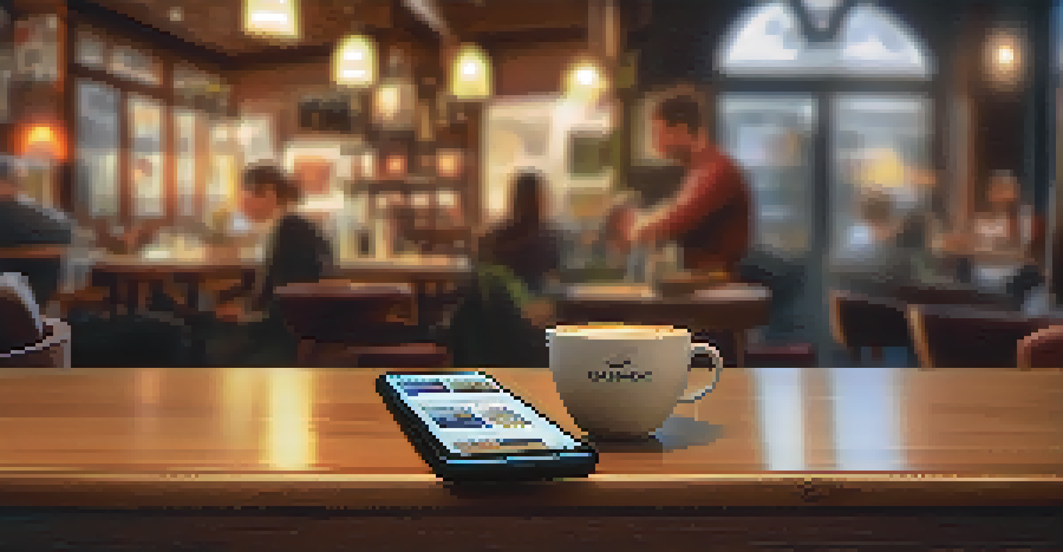 A smartphone displaying a humorous meme on a wooden table in a cozy coffee shop with a cup of coffee.