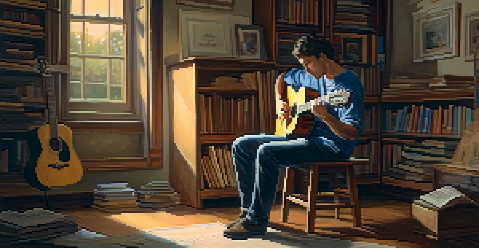 A musician playing an acoustic guitar in a cozy room, surrounded by books and warm lighting.