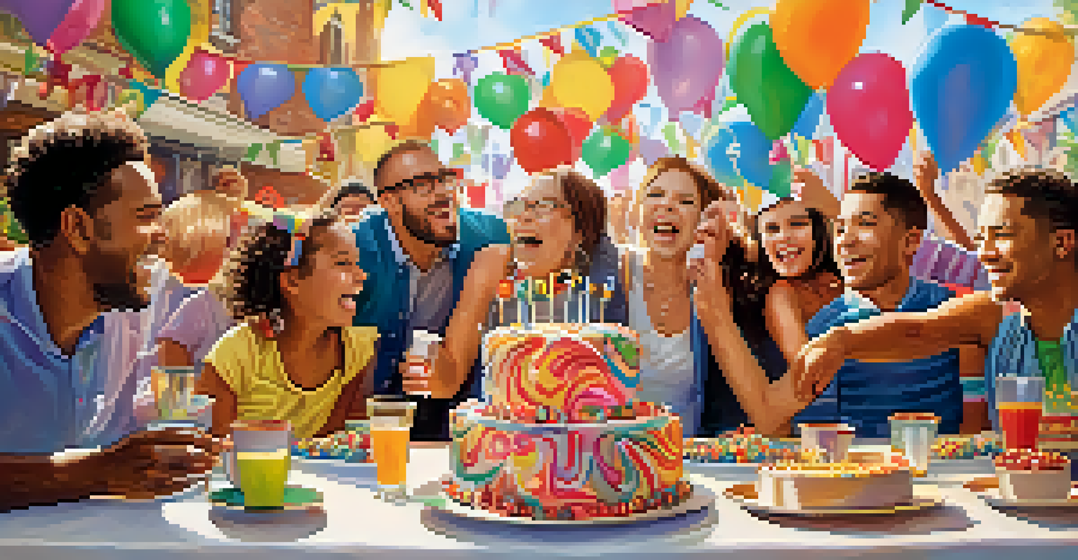 A joyful celebration with people gathered around a table, cheering and toasting together.