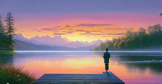 A person meditating on a dock by a calm lake during sunrise, with colorful sky reflections and mist.