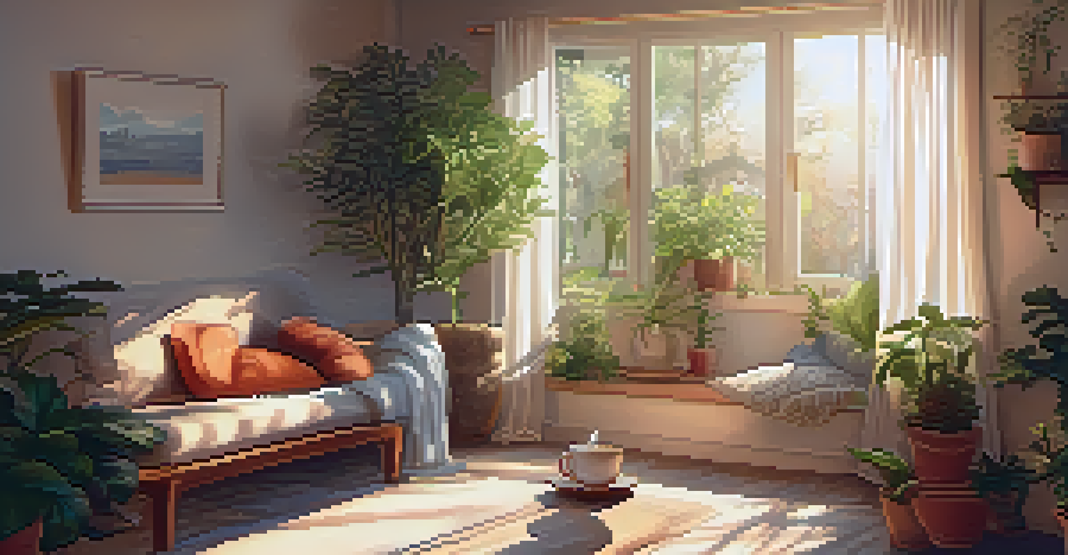 A peaceful room with a person meditating surrounded by plants and soft cushions, with sunlight streaming through sheer curtains.