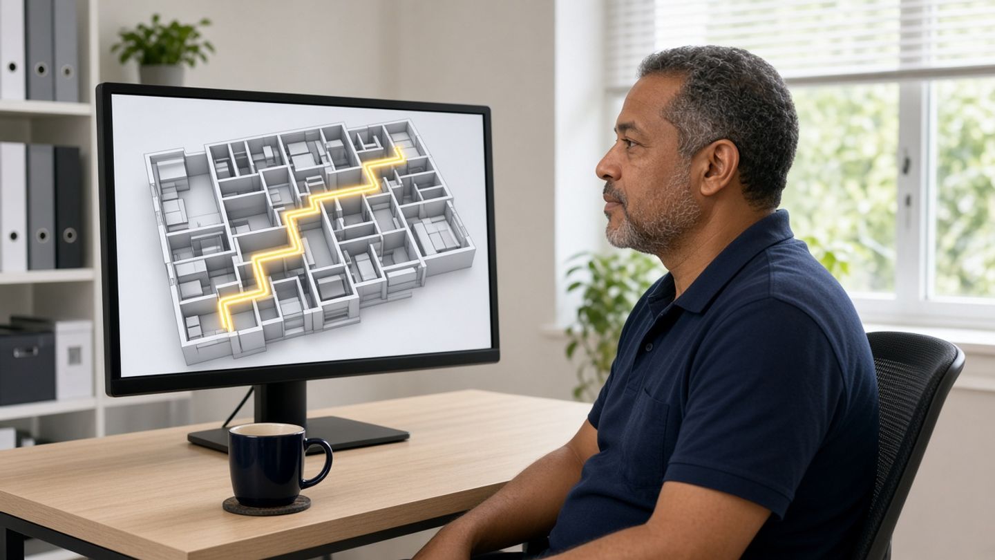 A school staff member sits at a desk looking at a monitor that shows a 3D floor plan of a building with a highlighted route through the corridors.