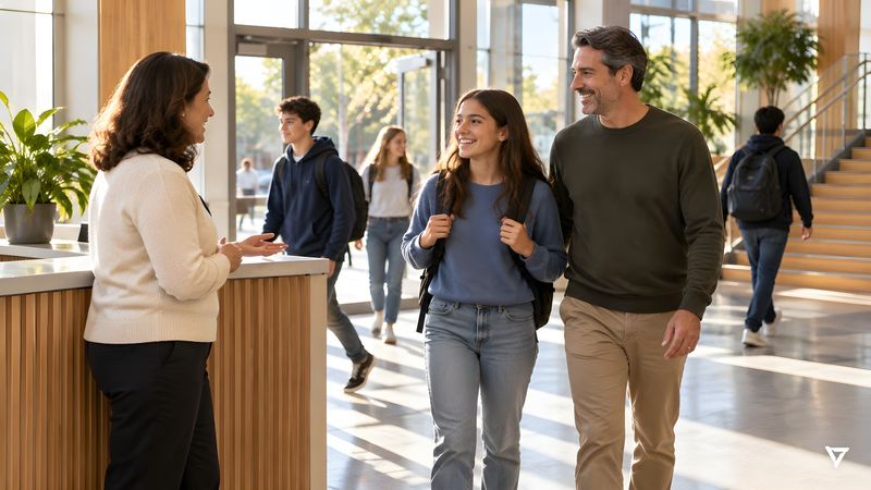 A front-office staff member warmly greets a smiling student and her father as they walk into a bright, sunlit school lobby.