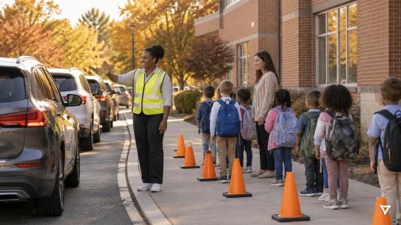 A staff member in a bright safety vest waves a calm line of cars along a sunlit elementary school curb while students with backpacks wait behind orange cones with a teacher.