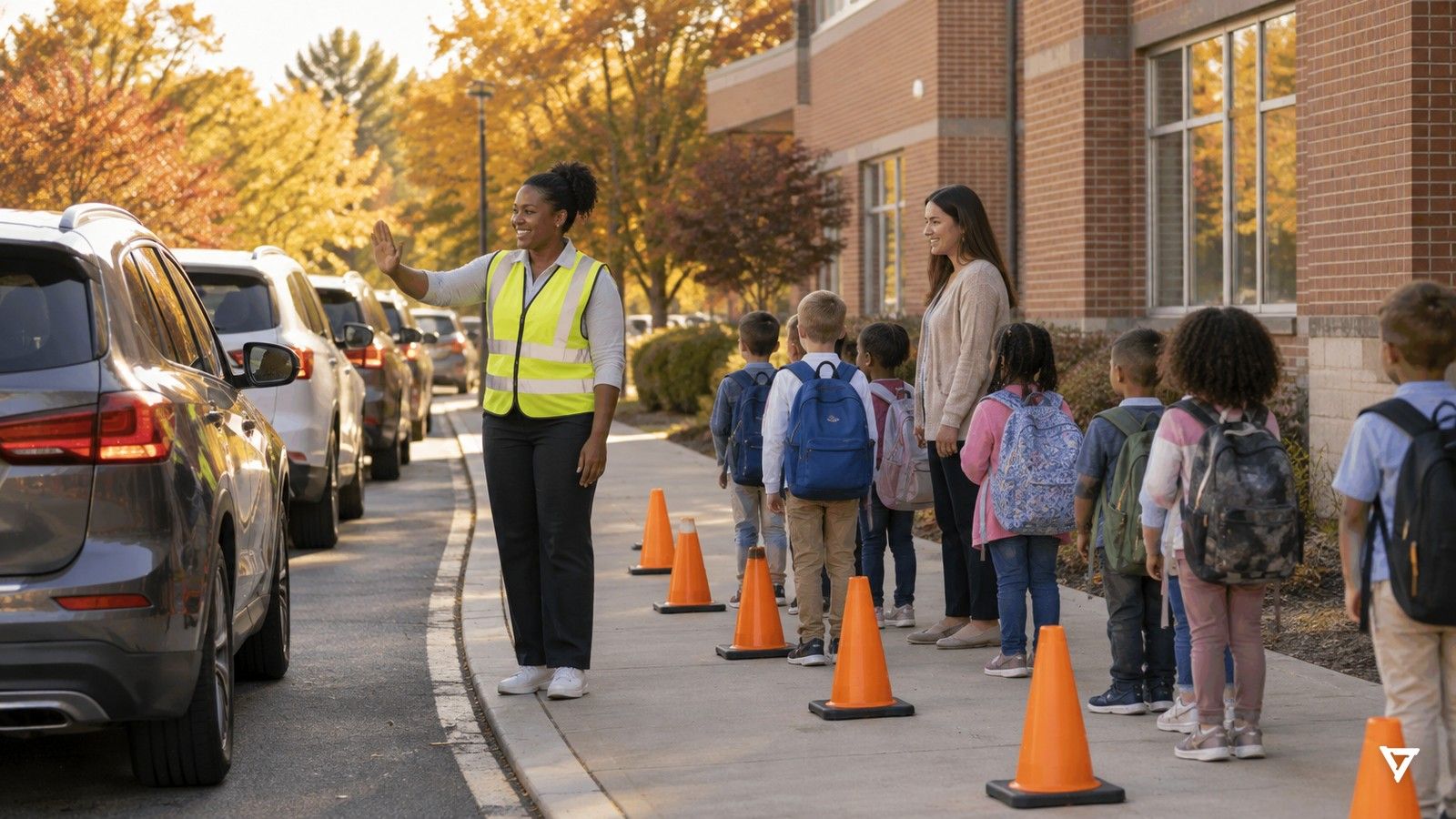 A staff member in a bright safety vest waves a calm line of cars along a sunlit elementary school curb while students with backpacks wait behind orange cones with a teacher.