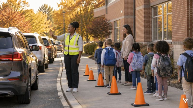 A staff member in a bright safety vest waves a calm line of cars along a sunlit elementary school curb while students with backpacks wait behind orange cones with a teacher.