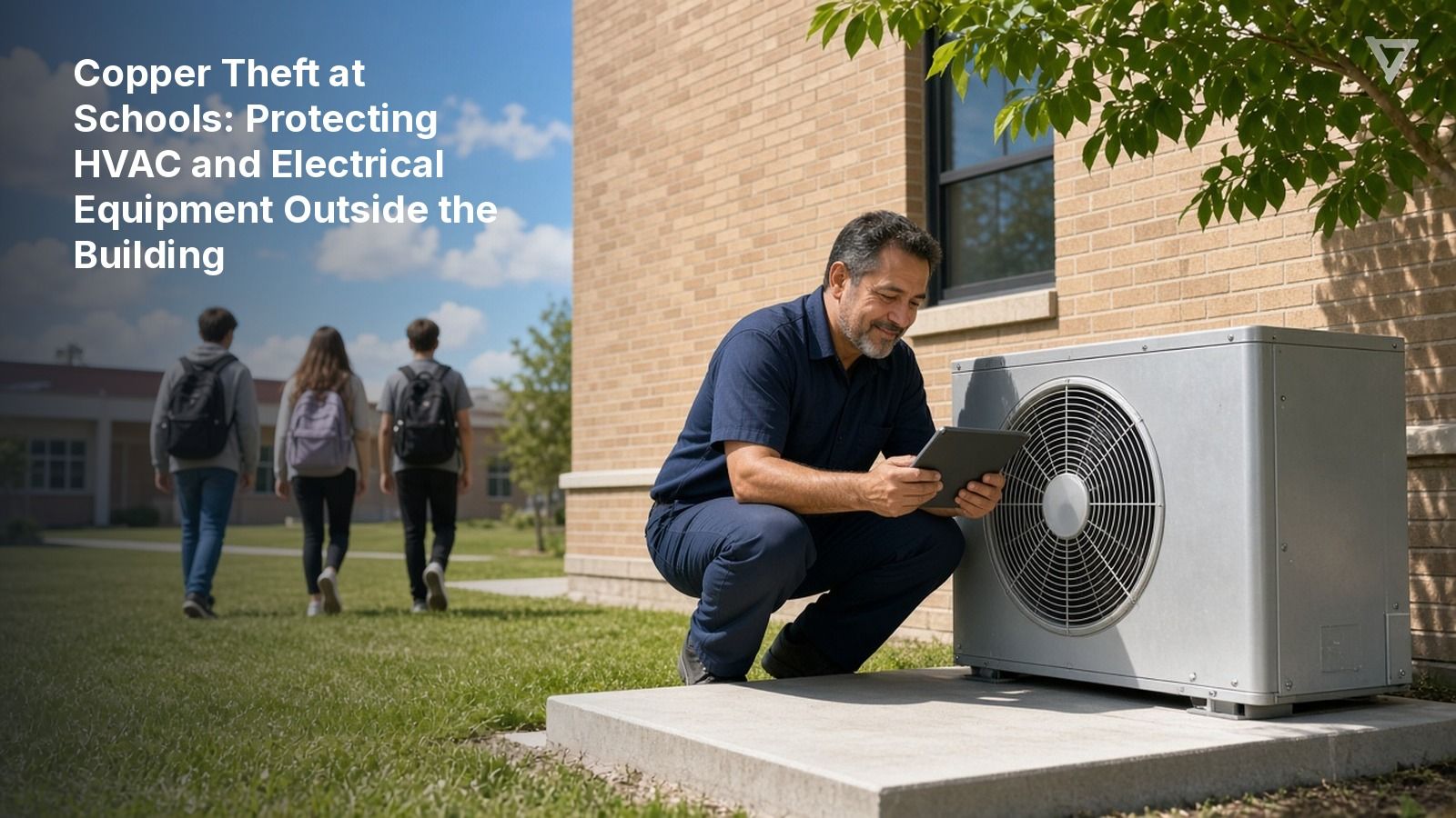 A smiling maintenance worker crouches beside a clean outdoor HVAC unit by a brick school building on a sunny day, checking it on a tablet while students walk across the lawn behind him.