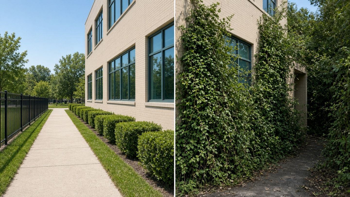 Side-by-side photos of school building approaches. Left: a straight walkway with low trimmed hedges and open views. Right: a narrow path where overgrown ivy and shrubs cover the wall and windows.