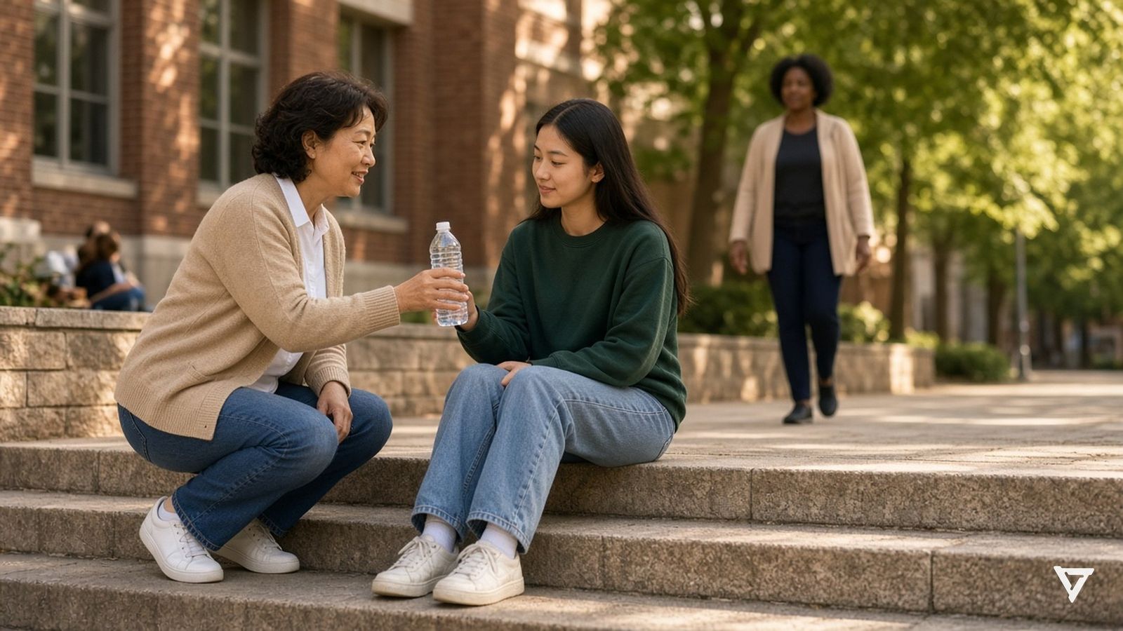 A staff member crouches on sunny campus library steps and hands a water bottle to a seated student, while a second staff member walks over.