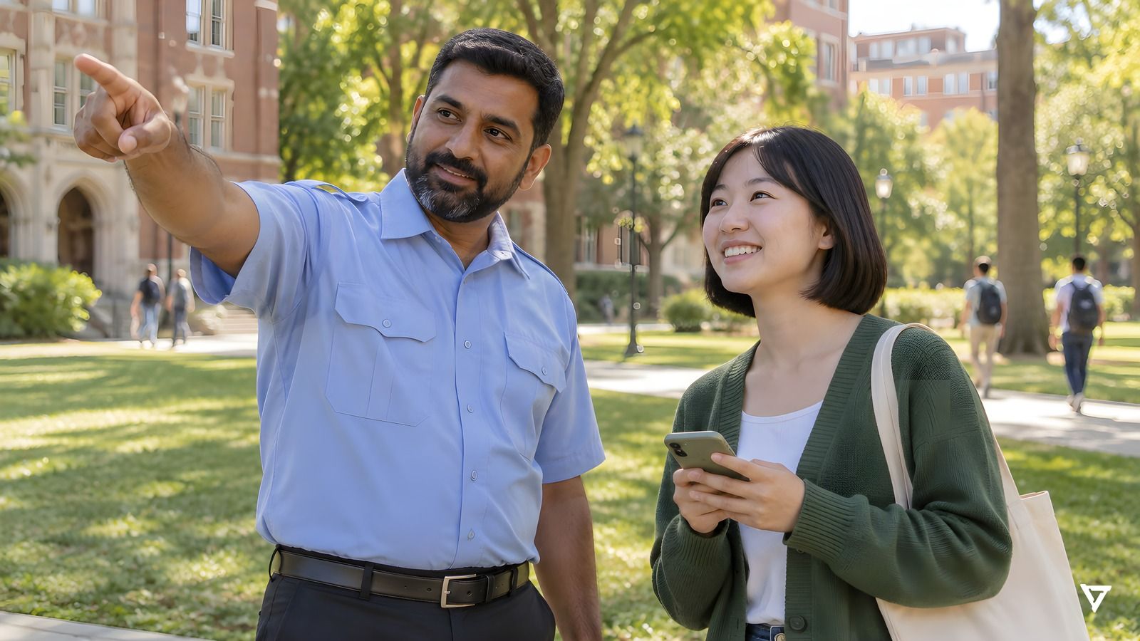 A campus safety officer in a light-blue uniform shirt points across a sunny university quad, giving directions to a smiling college student holding her phone.