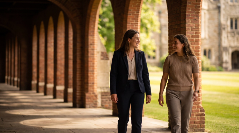 Two colleagues talking as they walk along a brick colonnade on a college campus.