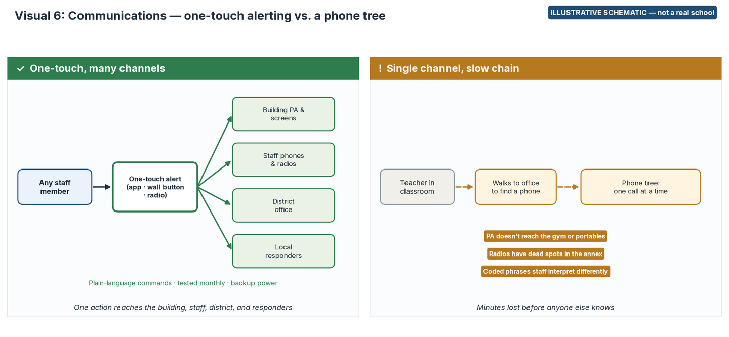 Diagram comparing a one-touch alert that reaches the building PA, staff phones and radios, the district office and local responders, with a slow chain where a teacher walks to the office to start a phone tree.