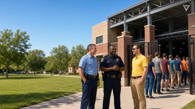 A campus police officer, a city police officer and an event staff member in a yellow polo chat and smile outside a sunlit university stadium gate on game day, while fans wait in an orderly line to enter.