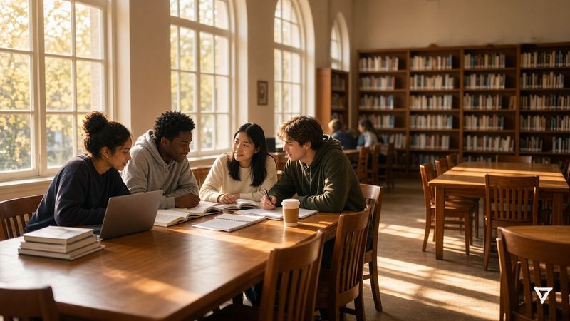 Students study together at a wooden table in a sunlit library reading room.