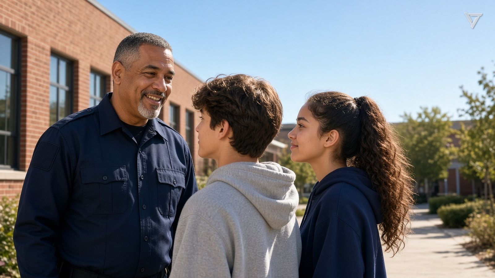 A smiling school resource officer in a navy uniform shirt talks with two teenage students on a sunny walkway outside a brick school.