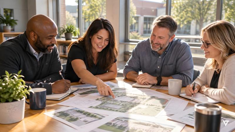 A school safety team of four plans together around a sunlit table covered with printed campus maps and notebooks.