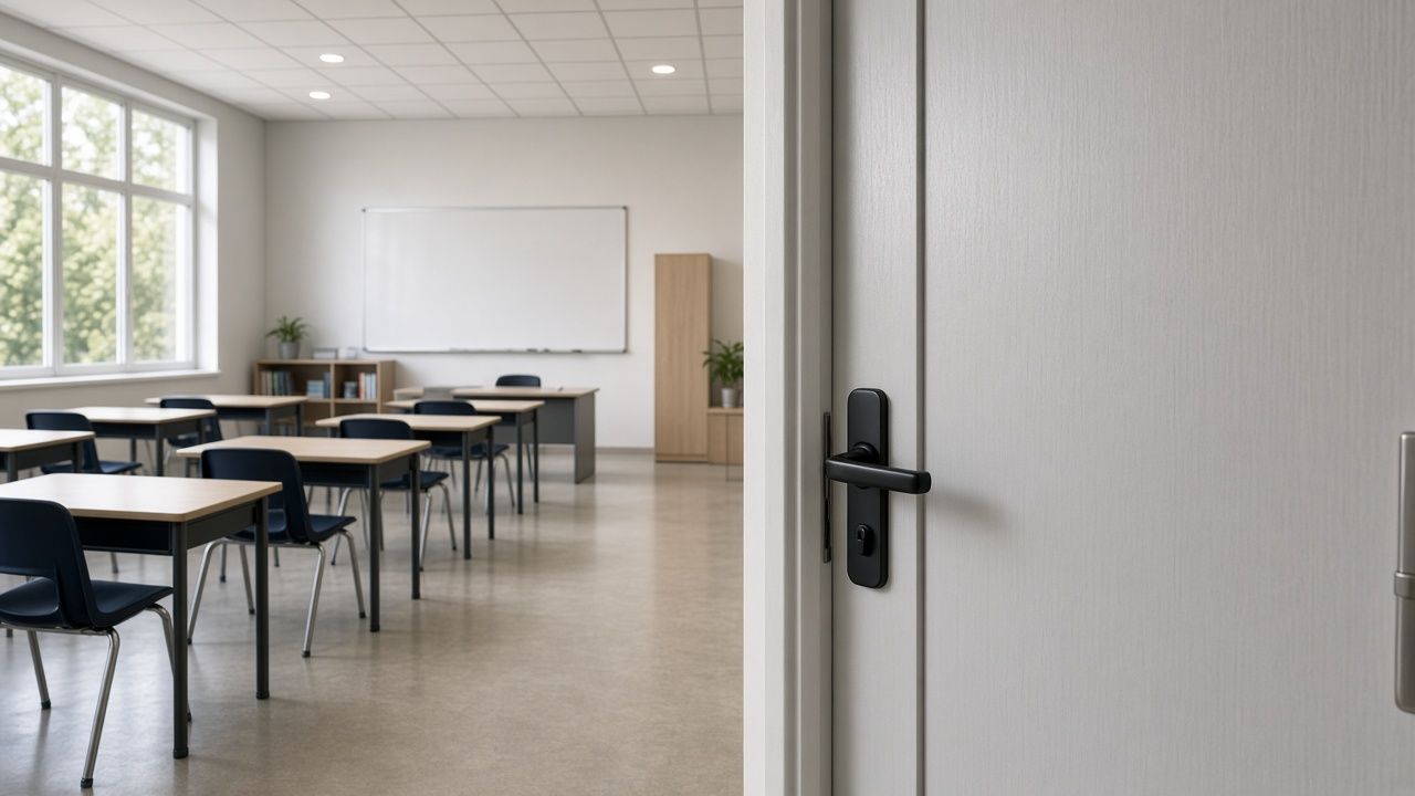 An empty, orderly classroom with desks and a whiteboard, seen past a closed classroom door with a lever lock in the foreground.