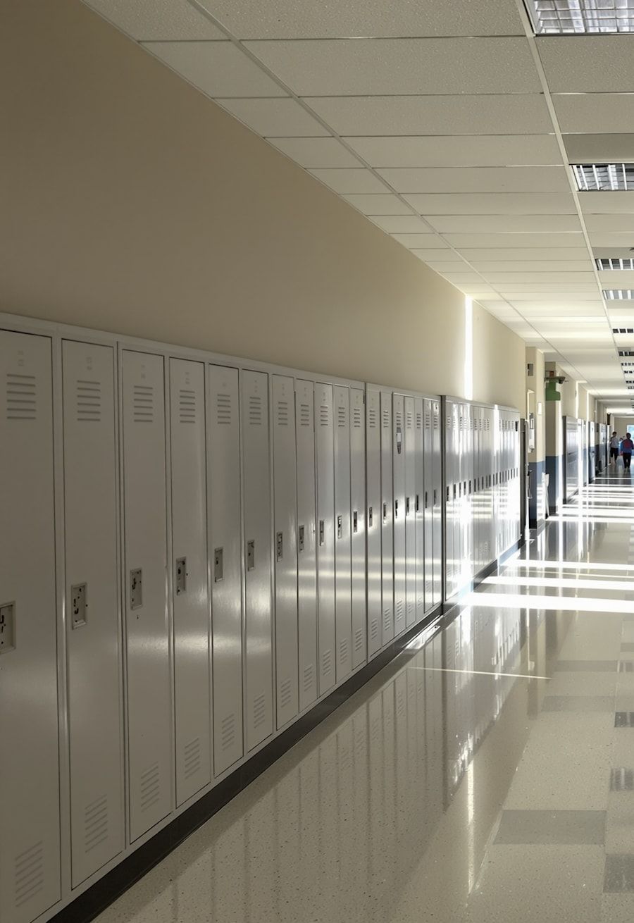 An empty school corridor lined with lockers, with sunlight falling across the floor.