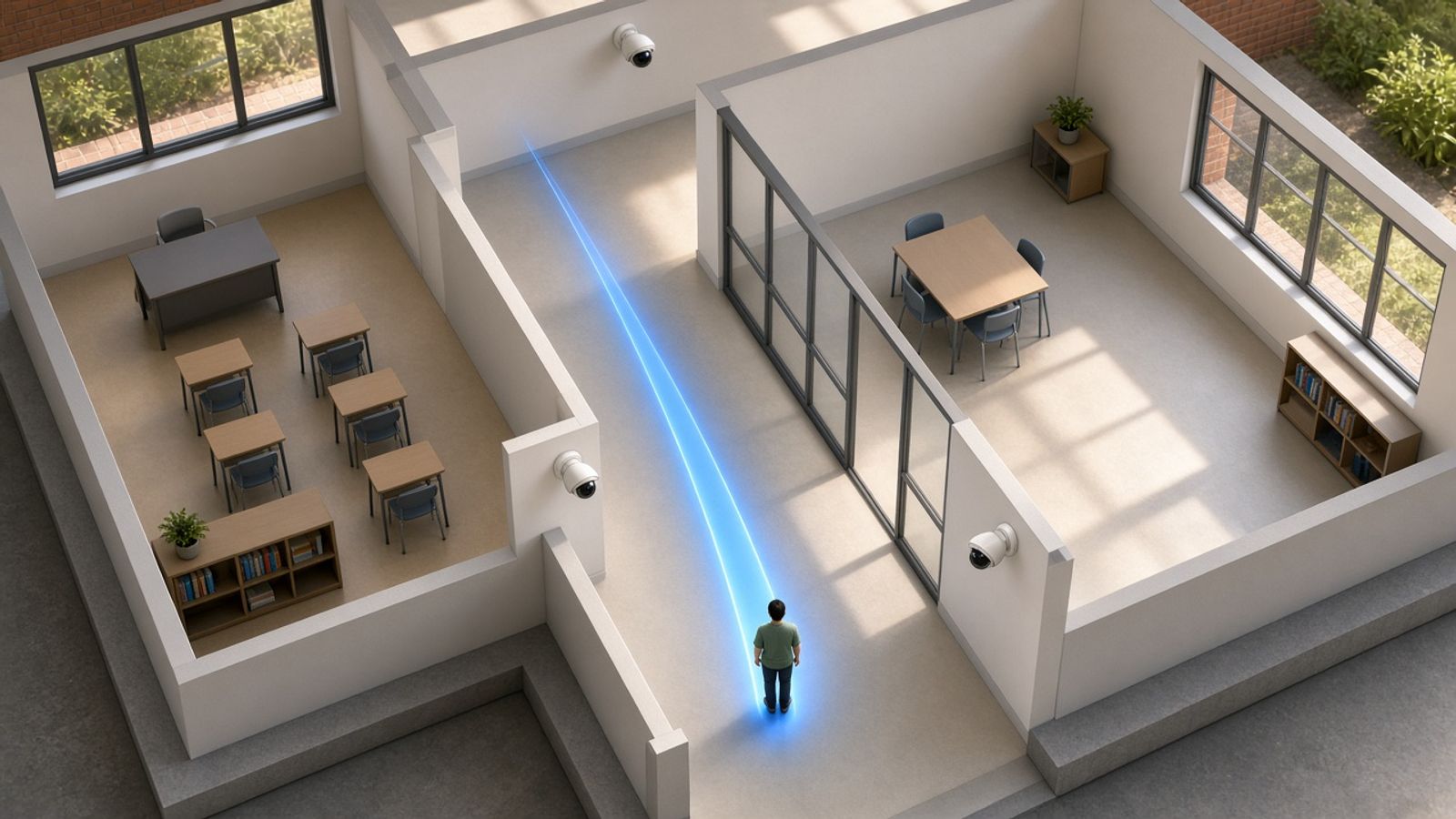 A school floor plan with a track ending where a person is now, seen from behind.