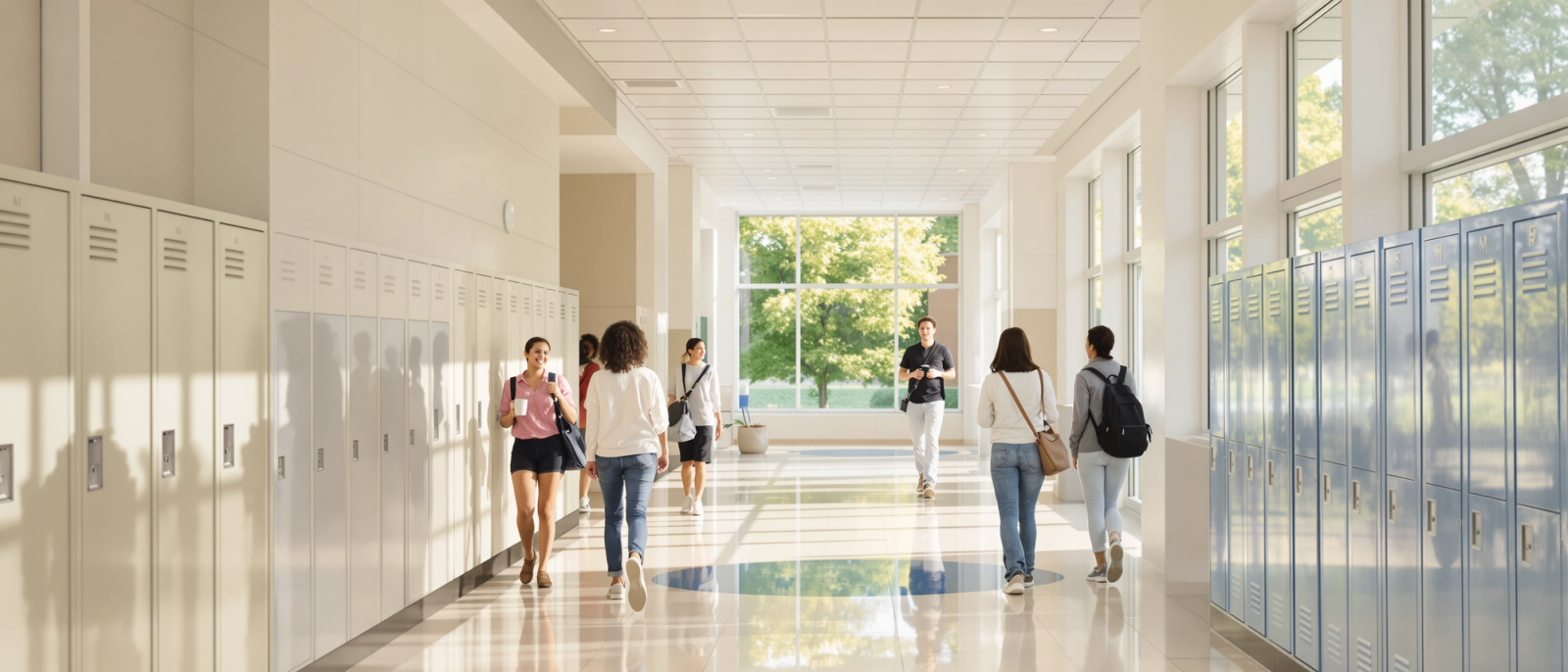A bright, calm school hallway with students walking to class