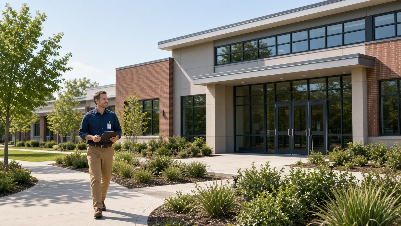 A school staff member in a light-blue shirt walks along a sunny landscaped path toward the glass entrance of a modern brick school building.