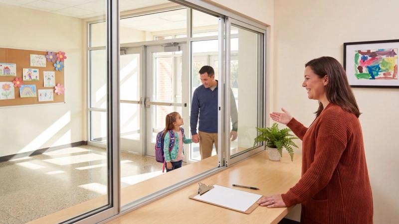 A smiling school office staffer greets a father and his young daughter through an open sign-in window, with sunlit glass vestibule doors and student artwork in the lobby behind them.