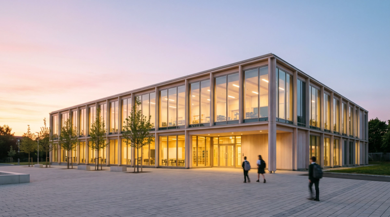 A glass-fronted campus building lit from inside at dawn as students arrive.