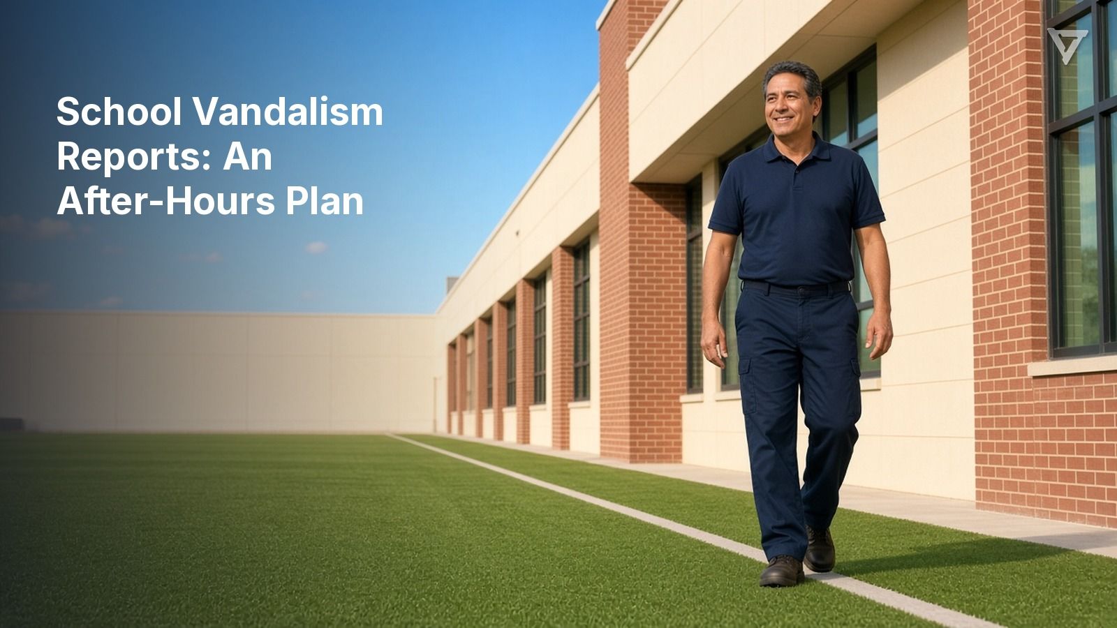 A smiling school facilities worker in a navy polo walks along a clean green turf field beside a tidy brick-and-cream school building on a bright, sunny day.