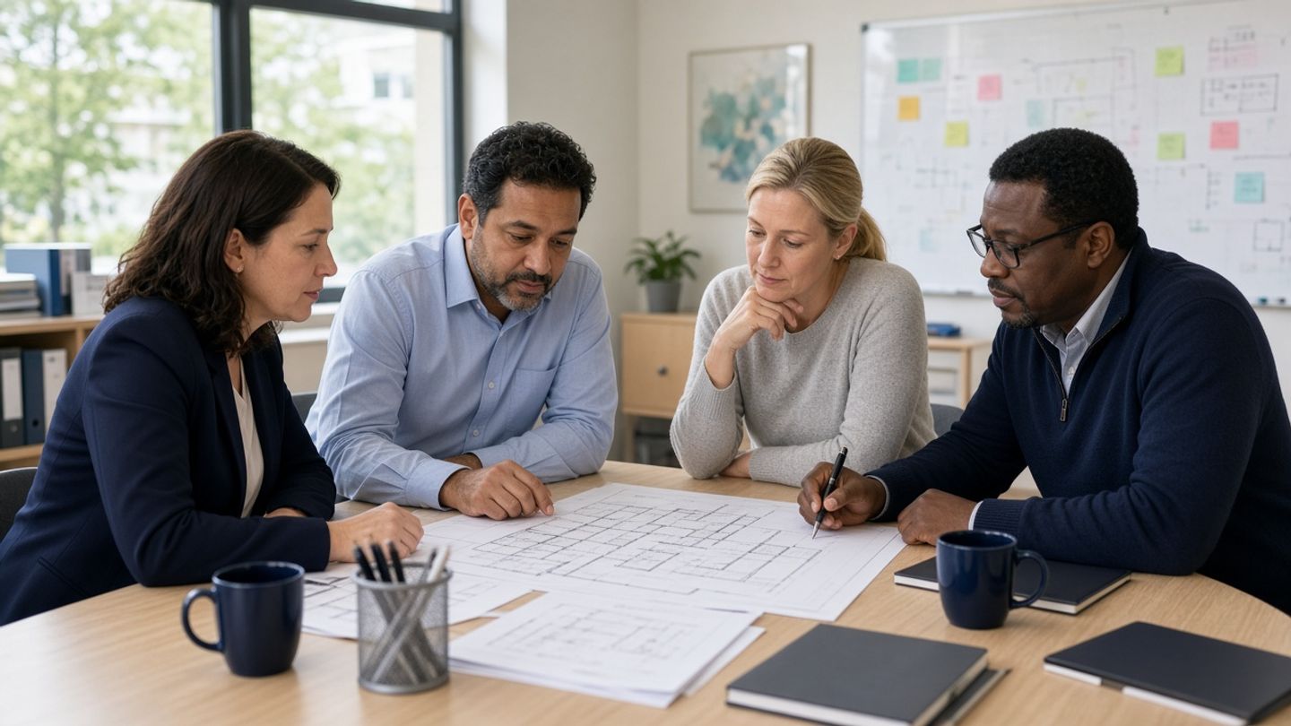 Four school and district staff members sit around a table reviewing printed floor plans and planning documents together in a bright meeting room.